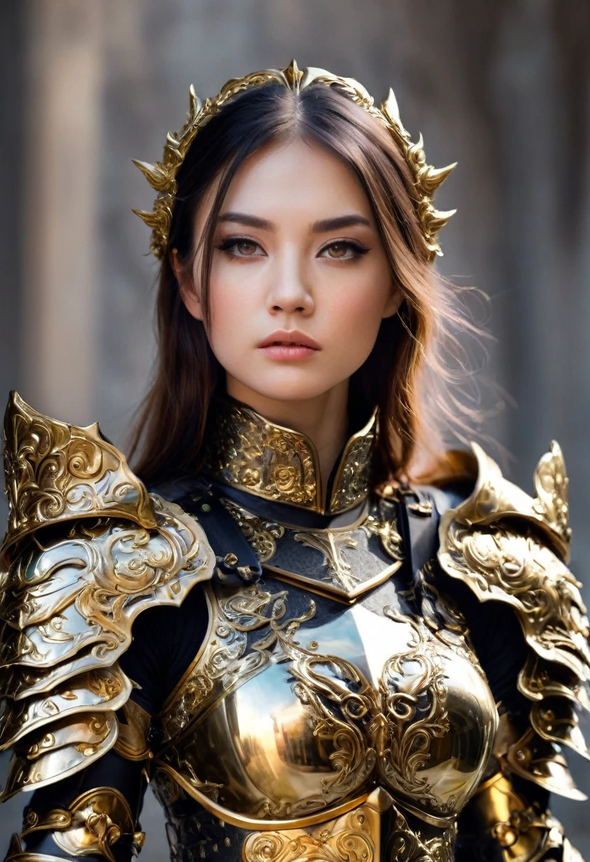 a close up of a woman in armor with a sword, stunning armor, wearing fantasy armor, very stylish fantasy armor, gold heavy armor. dramatic, beautiful armor, fantasy armor, black and gold armor, gothic armor, wearing ornate armor, intricate armour costumes, female armor, ornate gothic armor, ornate , wearing louis vuitton armor, girl in knight armor
