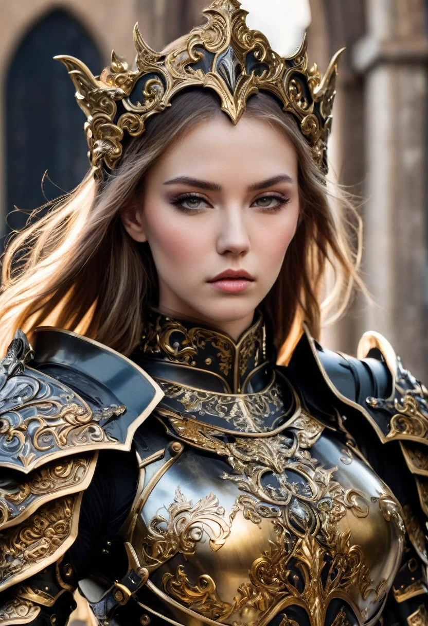 a close up of a woman in armor with a sword, stunning armor, wearing fantasy armor, very stylish fantasy armor, gold heavy armor. dramatic, beautiful armor, fantasy armor, black and gold armor, gothic armor, wearing ornate armor, intricate armour costumes, female armor, ornate gothic armor, ornate , wearing louis vuitton armor, girl in knight armor
