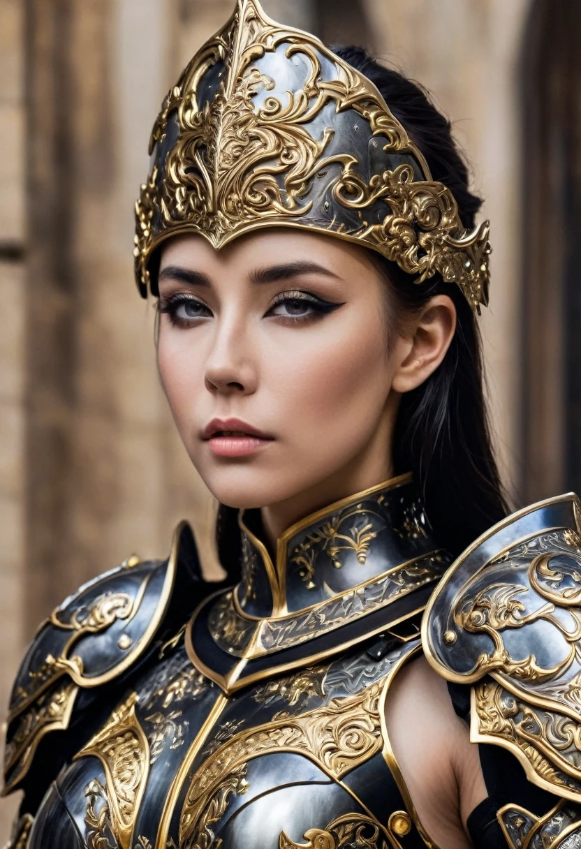 a close up of a woman in armor with a sword, stunning armor, wearing fantasy armor, very stylish fantasy armor, gold heavy armor. dramatic, beautiful armor, fantasy armor, black and gold armor, gothic armor, wearing ornate armor, intricate armour costumes, female armor, ornate gothic armor, ornate , wearing louis vuitton armor, girl in knight armor
