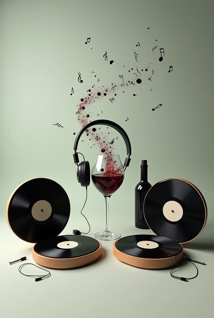 a headphone inside a wine glass filled with musical notes a bottle of wine A pair of record players