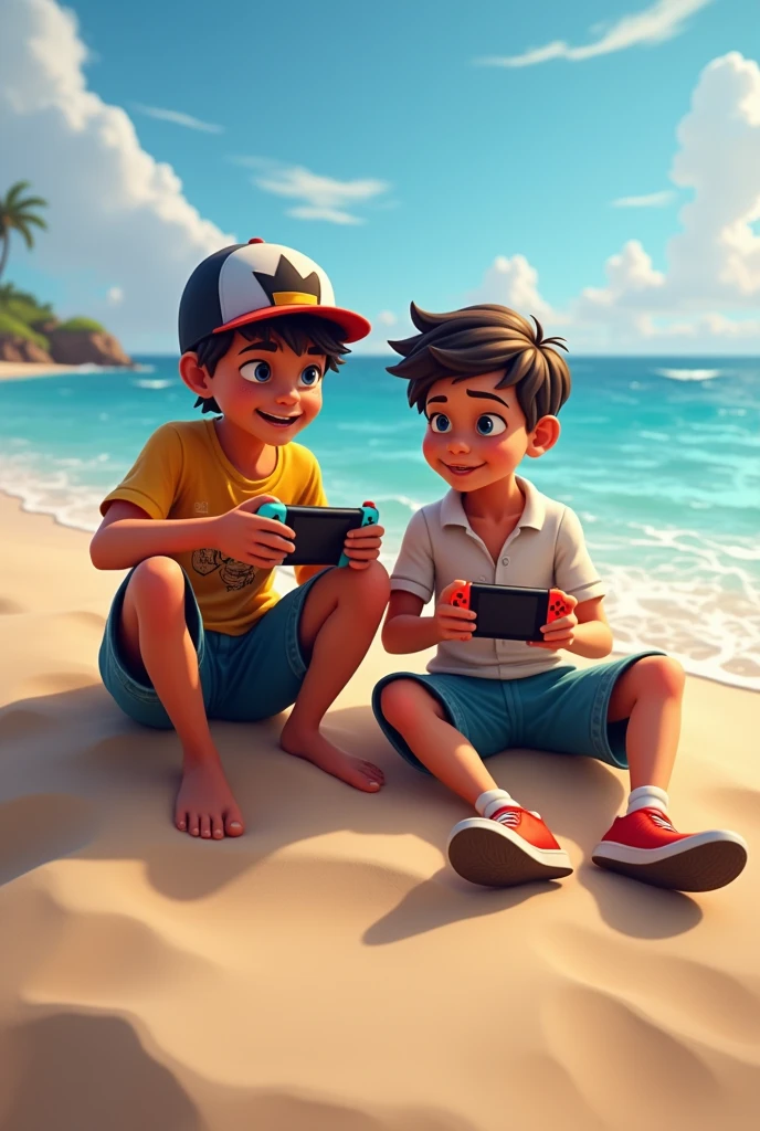An 18-year-old boy playing Fortnite with a 9-year-old boy, both playing together, with the 9-year-old playing on a Nintendo Switch and the 18-year-old playing on the beach.
