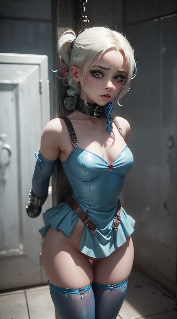 Little Harley Quinn, Breathtaking modern beautiful young 12 year old, Elsa Frozen wear blue dress, tied up and restraint in prison, BDSM, bondage, ropes all over her body