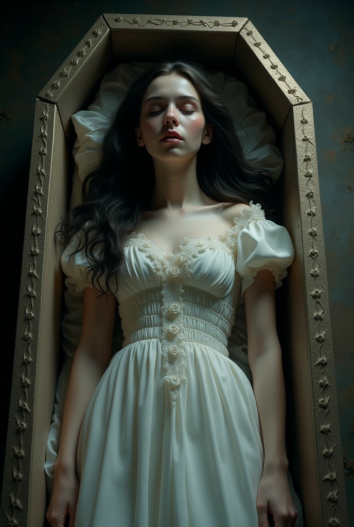 European girl, Lying in a coffin in a beautiful dress with closed eyes and black hair