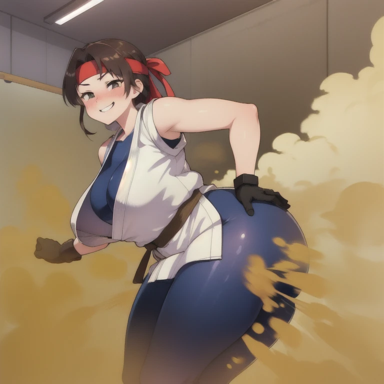 (masterpiece, best quality, high resolution, unity 8k wallpaper, extremely detailed CG:1), (illustration:1.0), 1girl,solo, yurims, headband, dougi, spandex, gloves, blush, hip attack pose, launching hip, farting, massive fart, Smiling, relieved face, alone at dojo