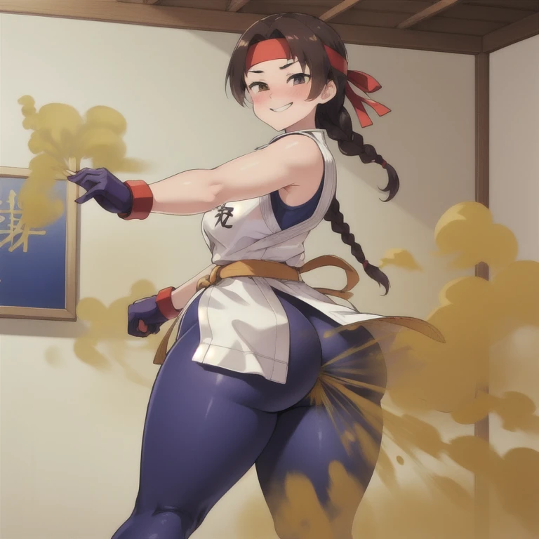 (masterpiece, best quality, high resolution, unity 8k wallpaper, extremely detailed CG:1), (illustration:1.0), 1girl,solo, yurims, headband, dougi, spandex, gloves, blush, hip attack pose, launching hip, farting, massive fart, Smiling, relieved face, alone at dojo