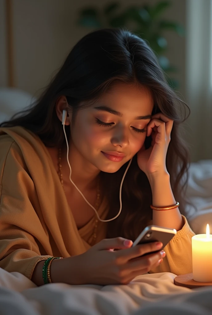 Beautiful Indian girl sleeping while calling her boyfriend in mobile with earphones ( show the mobile calling boyfriend )