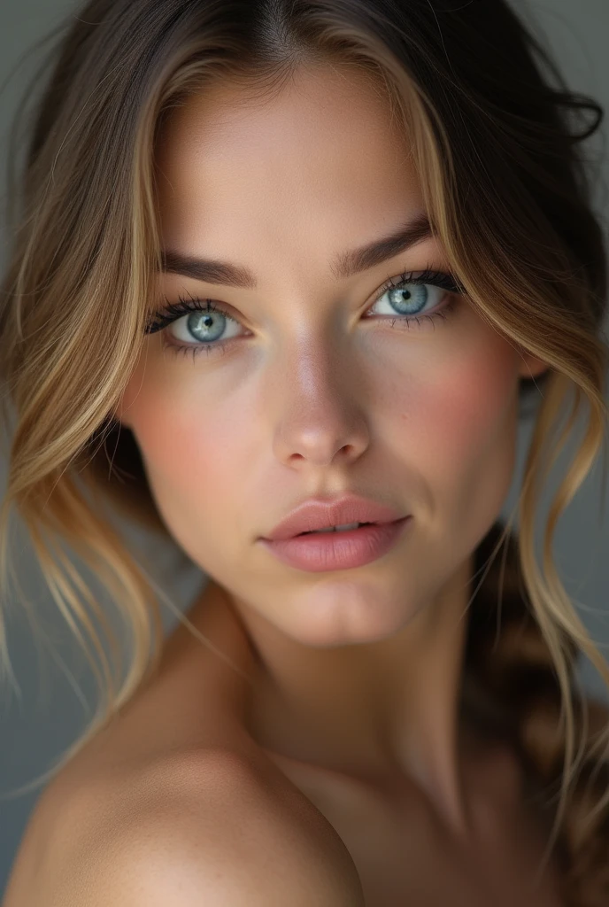 Woman with blue eyes and long eye lashes. Make her hotter by making her lips thick and a more attractive face
