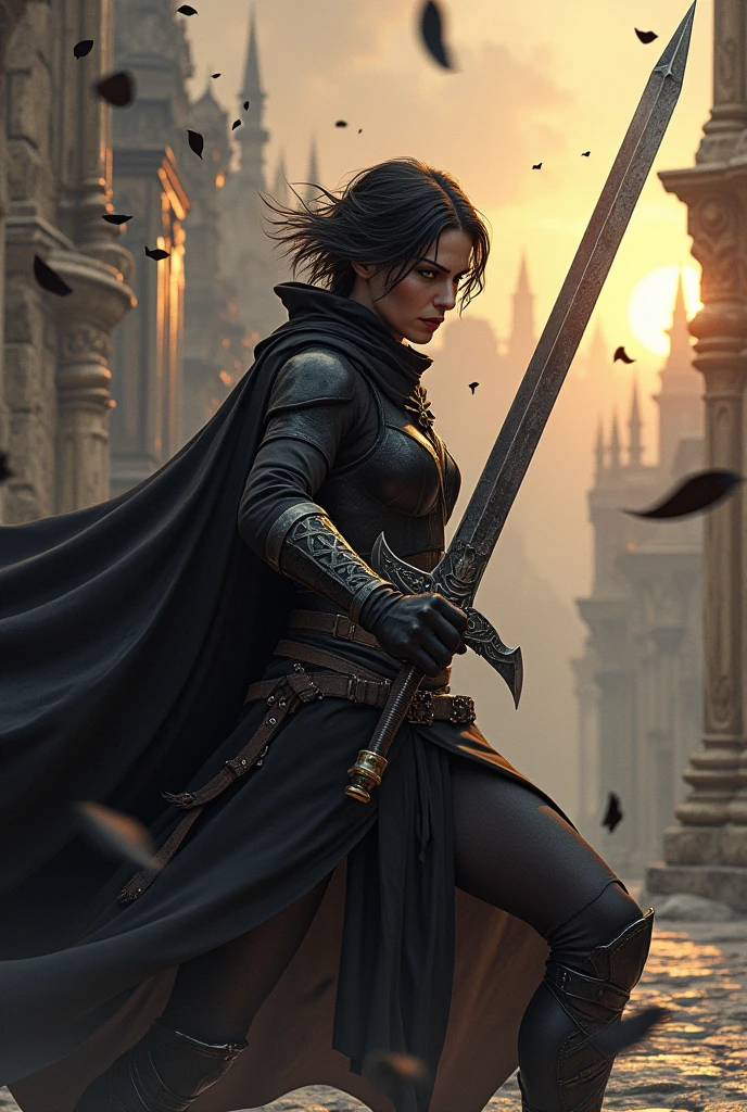 1 warrior women with several scars, expressive black eyes, black short hair, dressed with a black cape, using his massive two hand sword ,fighting pose ,black petals fall from the sky in big medieval city in sunset in background, detail richness, masterpiece, best quality