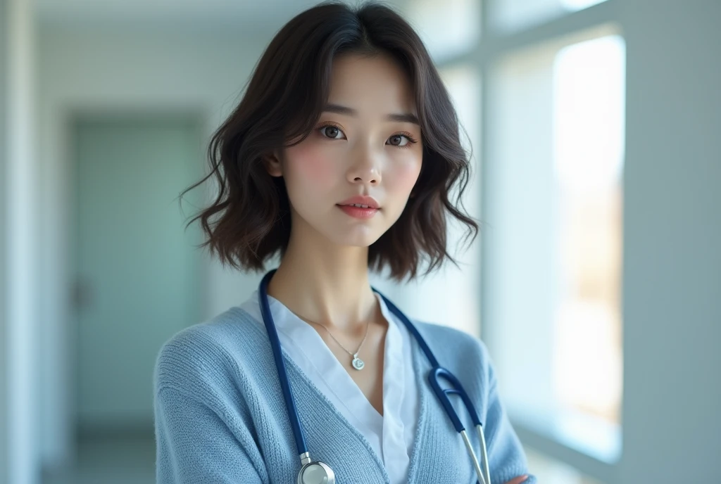 A room with a white wall and a window, shot in natural light. The image features a highly detailed and realistic portrayal of a female doctor, 28 years old, with delicate facial and skin textures. She is wearing a light blue knit sweater and is dressed in professional attire suitable for a medical setting. The doctor has dark brown medium short hair styled in a bob, and she is not looking directly at the camera. Various postures are depicted, showing her engaged in different professional activities. The image should be ultra high resolution with realism at 1.4, capturing the natural color of her lips and the correct state of the human body. She might be accessorized with a simple necklace. The setting should convey a sense of professionalism and warmth, fitting for a medical environment.