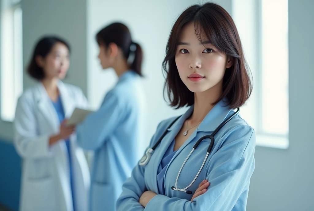 A room with a white wall and a window, shot in natural light. The image features a highly detailed and realistic portrayal of a female doctor, 28 years old, with delicate facial and skin textures. She is wearing a light blue knit sweater and is dressed in professional attire suitable for a medical setting. The doctor has dark brown medium short hair styled in a bob, and she is not looking directly at the camera. Various postures are depicted, showing her engaged in different professional activities. The image should be ultra high resolution with realism at 1.4, capturing the natural color of her lips and the correct state of the human body. She might be accessorized with a simple necklace. The setting should convey a sense of professionalism and warmth, fitting for a medical environment.
