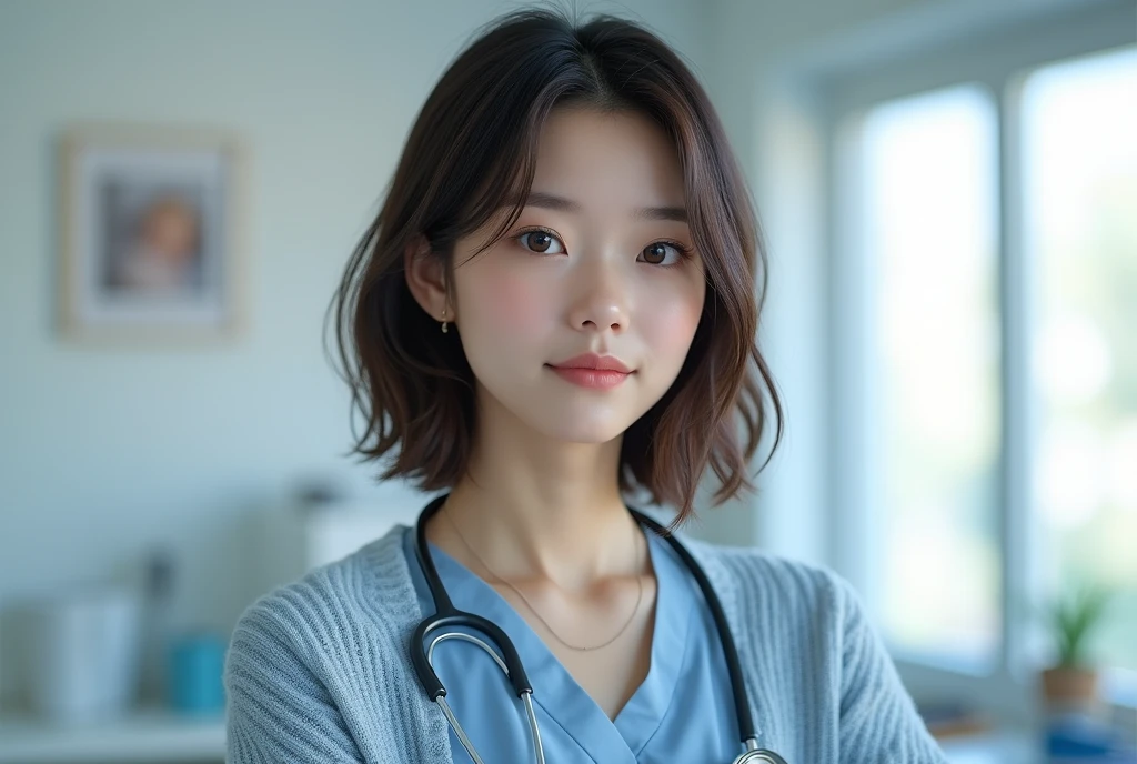 A room with a white wall and a window, shot in natural light. The image features a highly detailed and realistic portrayal of a female doctor, 28 years old, with delicate facial and skin textures. She is wearing a light blue knit sweater and is dressed in professional attire suitable for a medical setting. The doctor has dark brown medium short hair styled in a bob, and she is not looking directly at the camera. Various postures are depicted, showing her engaged in different professional activities. The image should be ultra high resolution with realism at 1.4, capturing the natural color of her lips and the correct state of the human body. She might be accessorized with a simple necklace. The setting should convey a sense of professionalism and warmth, fitting for a medical environment.