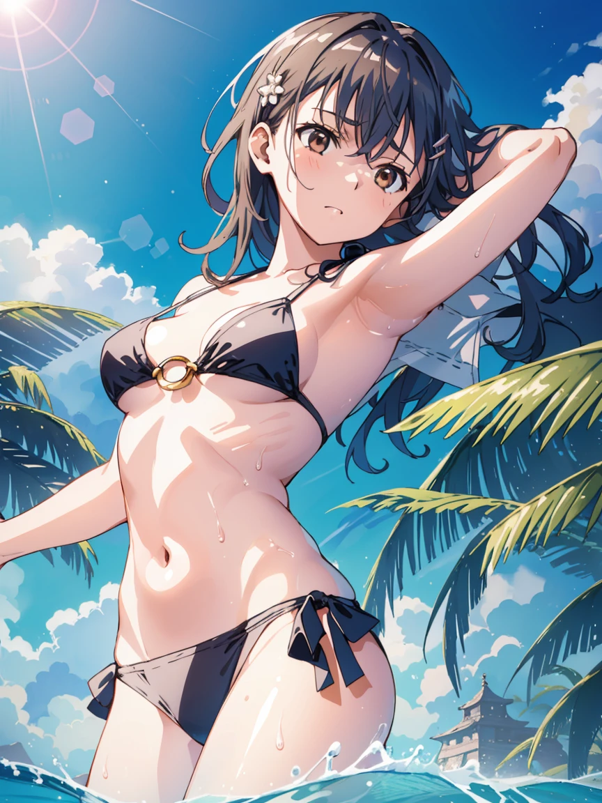  arriba_Mikoto,masterpiece, best quality, extremely detailed CG unity 8k wallpaper, Woman in colorful bikini swimsuit, 18-year-old, Calm sea, Beach, ((Lying on his back on the water surface, he looks up at the sky with a comfortable expression)), Dazzling sunlight, Lens flare, Octane Rendering Style, Overall particle light, Crystal clear seawater, Realistic representation of water, Bokeh, Daytime