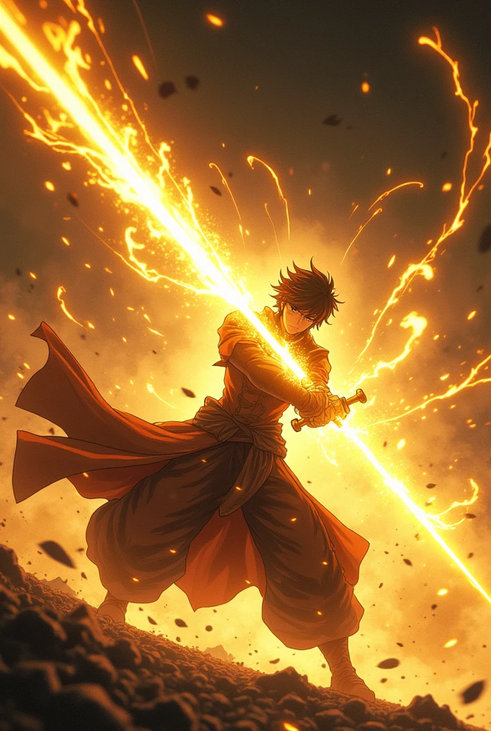 ((Best Quality)), ((masterpiece)), ((detailed)), ((High Definition)), a magical light of aura of sword cuts in anime style, all the golden light magic color, with the black silhouette of a swordsman in the center, dynamic movements, fighting pose, sword slash, running fast forward, with the magic ray of light on his back, cutting the air multiple times, as it moves forward, technique, from the god of light sword. With a black background.