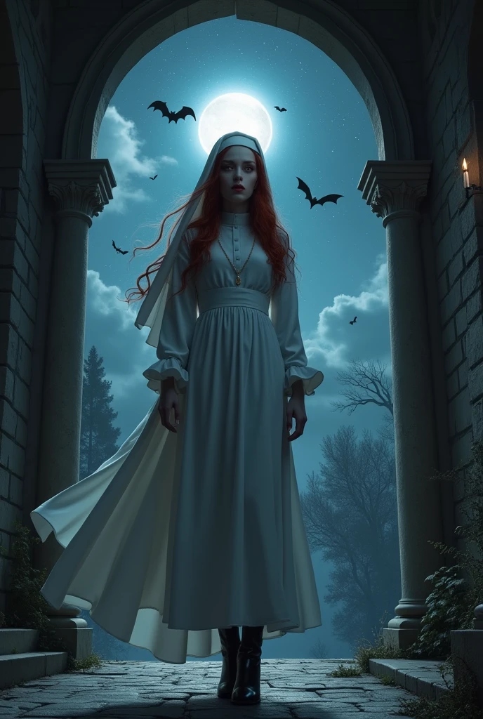 (no nudity: 1.5), a picture of an exquisite beautiful female nun vampire standing under the starry night sky on the porch of her monastery, (pale skin: 1.3), red hair, wavy hair, dynamic eyes color, cold eyes, glowing eyes, intense eyes, dark red lips, ((fangs: 1.1)), wearing (white nun uniform: 1.3), long cloak, flowing cloak, wearing (high heeled boots: 1.3), sky full of stars background, moon, bats flying about, action shot, high details, best quality, 16k, ((ultra detailed: 1.5)), masterpiece, best quality, portrait shot, photorealism, dark fantasy art, gothic art, many stars, sense of dread, GlowingRunesAI_red, Cinematic Hollywood Film style, , dark novel, Cinematic Hollywood Film style