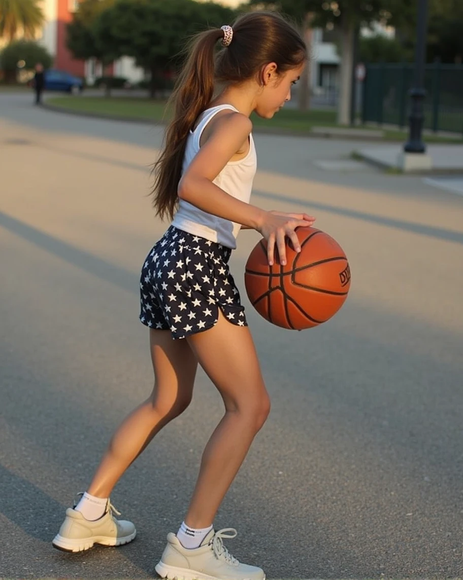 18-year-old girl with brown hair playing basketball in leggings 