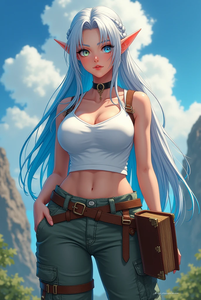 A girl with big breasts, that she is an elf, that she has white hair with blue at the ends, with a braid without bangs, let it be dark, that she has long eyelashes, one eye blue and the other yellow, that she has cargo pants of those that are long, various belts, a white sleeveless top, gloves on hands, and an antique book in a leather bag on her waist, with an Anime style that's not very realistic