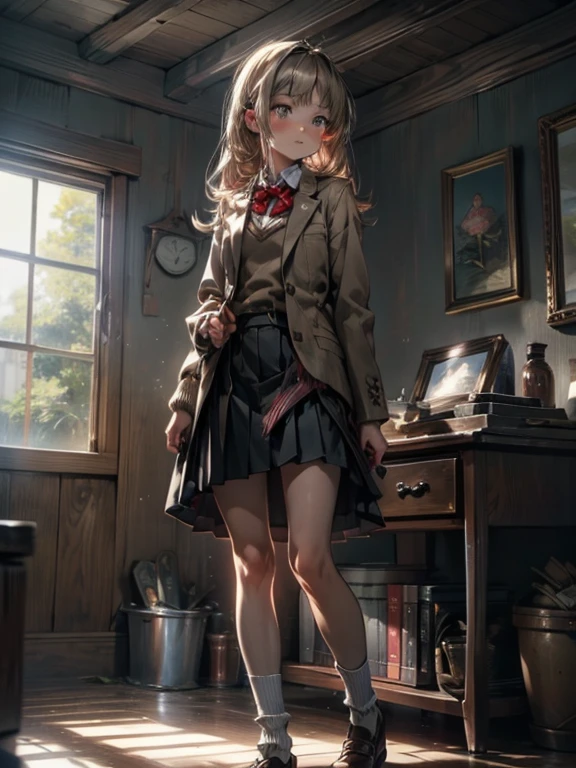 ((Best Quality)), ((masterpiece)), (detailed), 1 girl, Alone, perfect face, beautiful face, detailed face, detailed hands, detailed fingers, Perfect eyes, perfect hair, detailed hair, above_Mikoto, bowtie, Brown jacket, red bow, red bowtie,blazer, bow, , Skirt, pleated Skirt, Bermuda, grey Skirt, socks,shoes, loose socks, Bermuda under Skirt, moccasins, brown shoes, black Skirt, short Bermuda