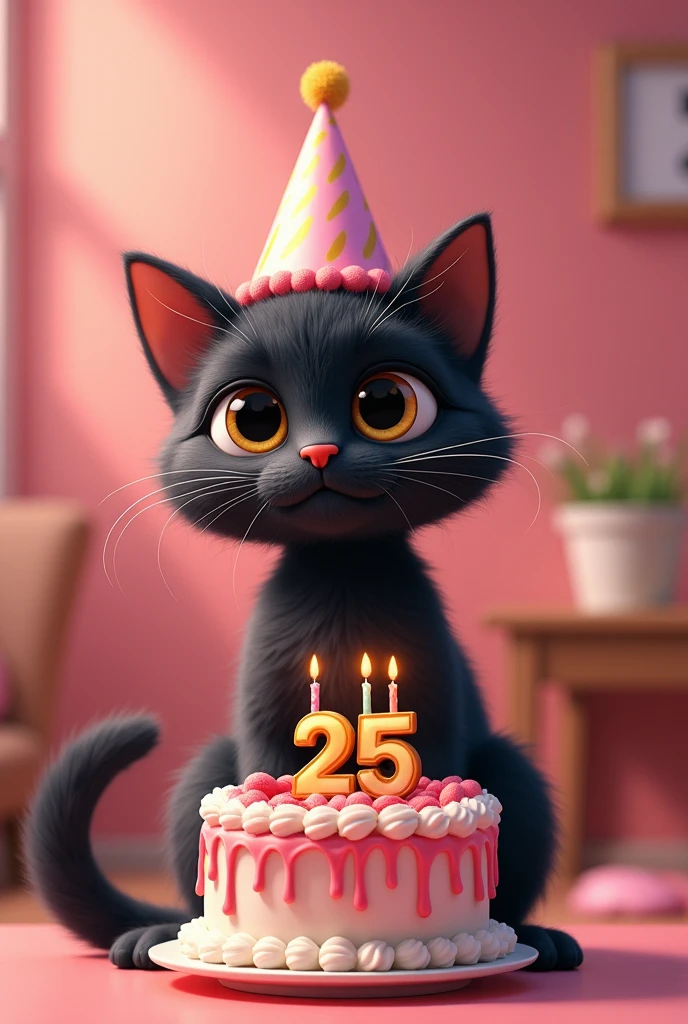 A completely cute black cat wearing a birthday hat is sitting in front of a birthday cake decorated in shades of pink. The cake has candles with the number twenty-five