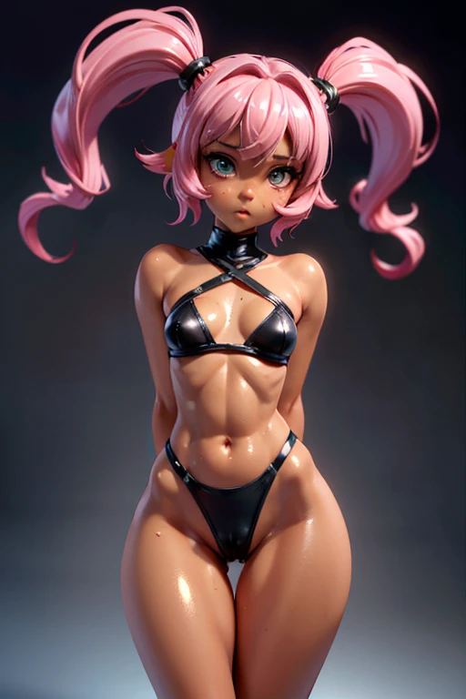 (ultra real), (figure), (High resolution), (8K), (very detailed), (Best figure), (detailed and beautiful eyes), (highest quality), (Super detailed), (masterpiece), (wallpaper), (detailed face), 1girl, Intricate look likes,beautiful detailed look likes,symmetrical look likes,Big look likes:1.5,((gordo)),(((shiny skin:1.5,shiny skin: 1.5,tanned skin,shiny skin))),(spider lower abdomen,narrow waist,wide hip,Athletic body,inflated legs,thick thighs,detailed body,(detailed face)), Beautiful,horny,seductive,erotic,(NSFW), revealing clothing,show skin,((tiny line cloths,black bra)),(Little black thong,tiny sporty thong), armpit, thick, short pink hair,inner color,alone, sweaty, (camel toe)