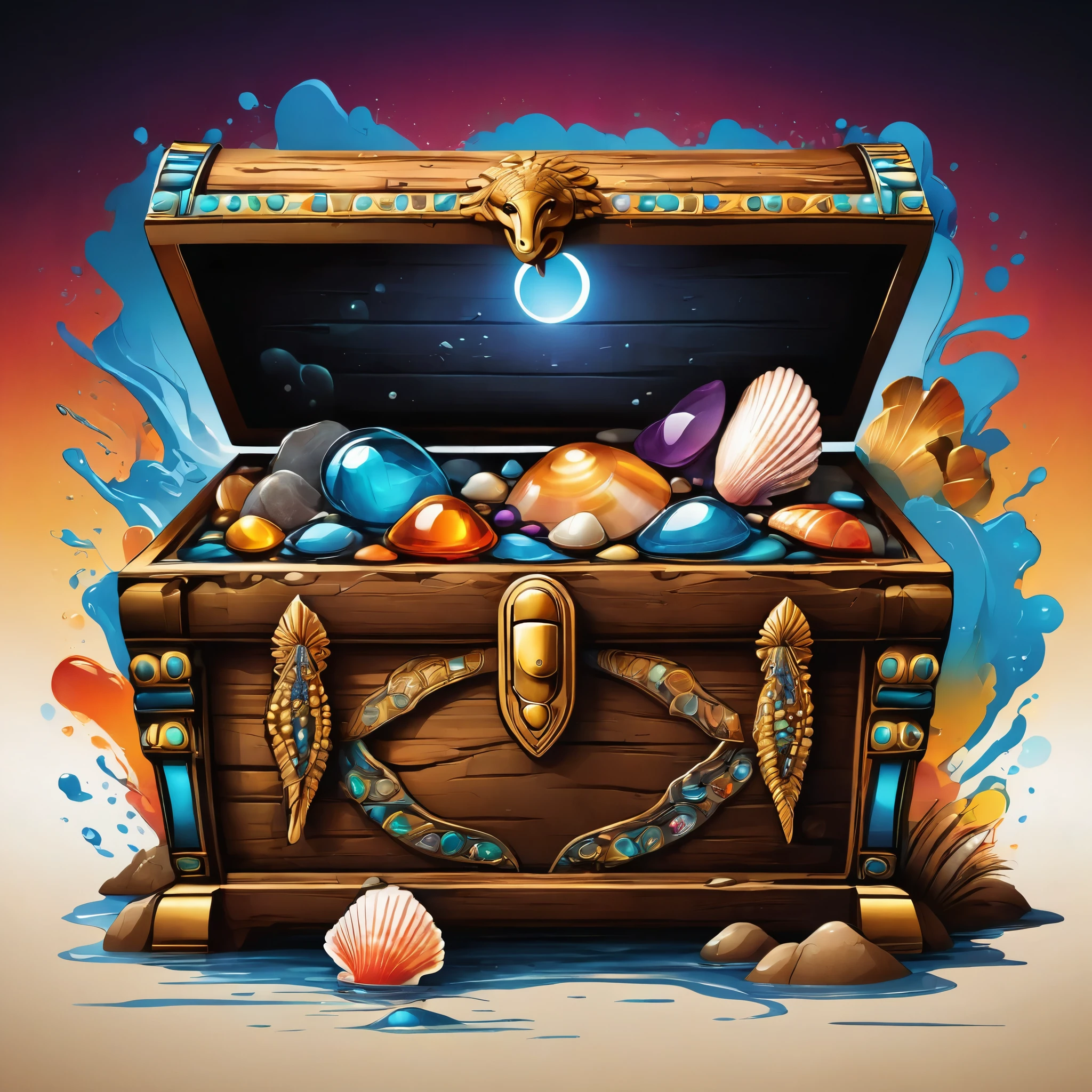 vector t-shirt art design, centered, a wooden chest with precious stones and seashells, afrofuturism, african symbols, highly detailed, 8k, ultra-detailed, photorealistic, hyper-realistic, cinematic lighting, chiaroscuro, dramatic lighting, vibrant colors, intricate details, ornate, luxurious, mystical, magical, ethereal, spiritual, mysterious, surreal, fantastical