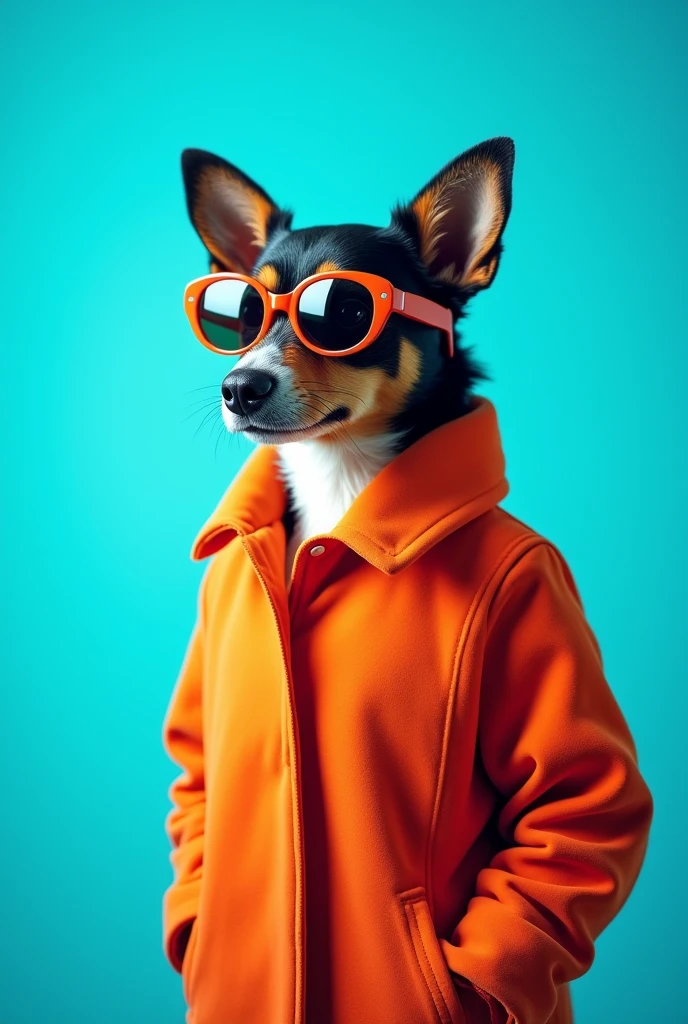 The best cell phone wallpaper, Award-Winning Wallpaper, portrait photography, In the front view is a portrait of a cute dog wearing mid-1960s space age fashion, Side view photo, Shot with Canon EOS R5, Set a strong contrast that accentuates the subject, Fluorescent blue tone, Wearing a very modern coat and sunglasses is a modern 1960s style, Clothes all in one color, beautiful background