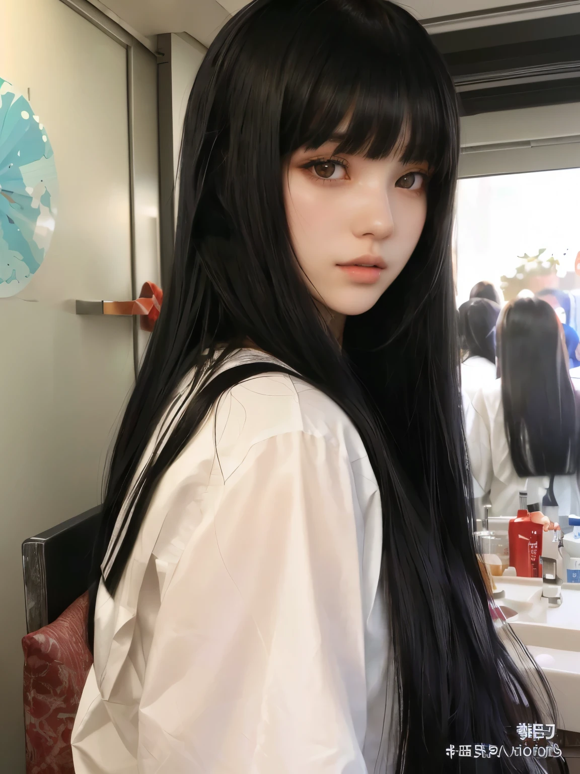 arafed woman with long black hair and a white shirt, she has black hair with bangs, ilya kuvshinov with long hair, long hair with full bangs, anime girl in real life, sui ishida with black hair, the hime cut, long hair with bangs, with full bangs, long black hair with bangs, long straight bangs