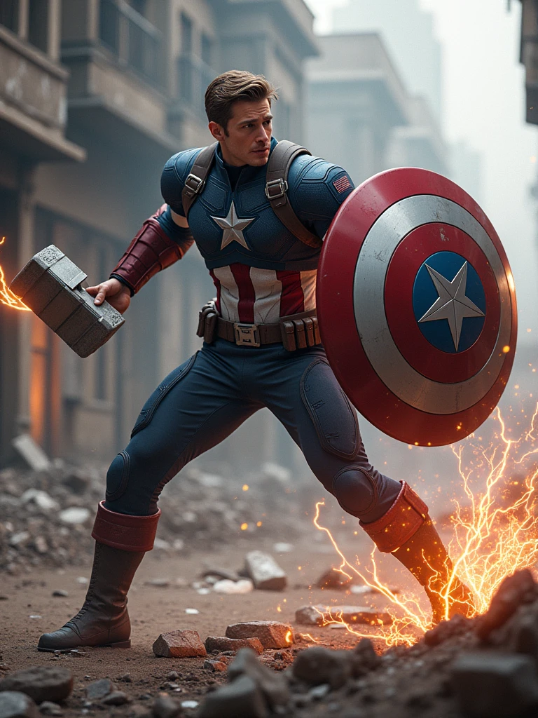 captain america fight with mjolnir and shield
