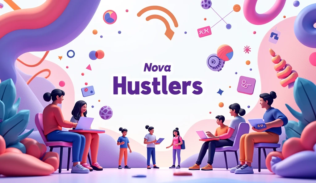 want a banner for your website that showcases learning and designing concepts related to Figma, LinkedIn, and Canva. Here's an idea:
Image description: A colorful banner featuring a group of small 3D cartoon humans engaged in various design-related activities, such as:
- One character designing a logo on Canva
- Another character creating a wireframe on Figma
- A third character networking on LinkedIn
- Others collaborating, brainstorming, and celebrating their design successes
The banner could include visual elements like colorful shapes, lines, and icons related to design and learning. The overall style could be playful, modern, and engaging, conveying the fun and creative aspects of learning design skills.
In purple and white colour palette fun
Put my brand name nova hustlers in it
Mention name nova hustlers