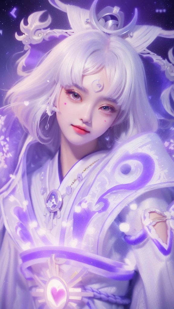 a woman with white hair and a purple outfit holding a heart, portrait knights of zodiac girl, onmyoji portrait, onmyoji detailed art, white haired deity, onmyoji, anime fantasy illustration, beautiful character painting, by Yang J, beautiful celestial mage, detailed digital anime art, sakimi chan, zhongli from genshin impact, amaterasu