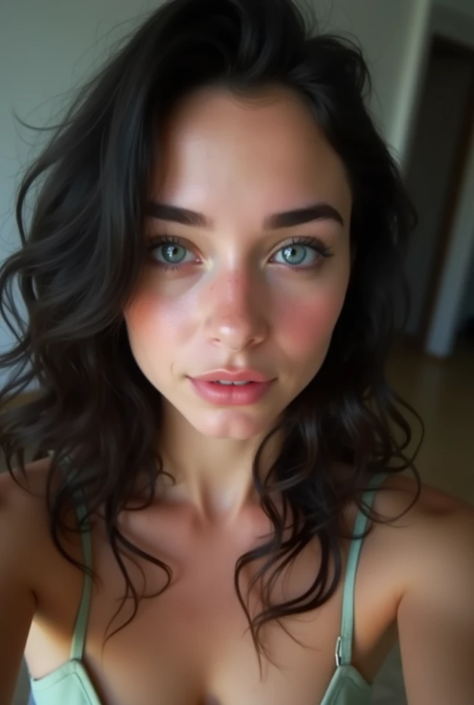 oeuvre d'art, best quality),visage parfait, nice face, blue eyes, wavy black hair ,Selfie nue, tetas grandes, tetas grandes, d'a beautiful young woman, prise avec l'appareil photo de l'iPhone