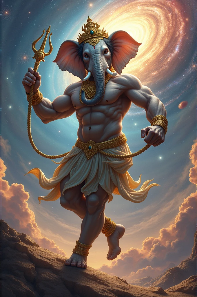 Elephant head and muscular male body, one arm with rope another wit trident, golden crown, dancing on galaxies