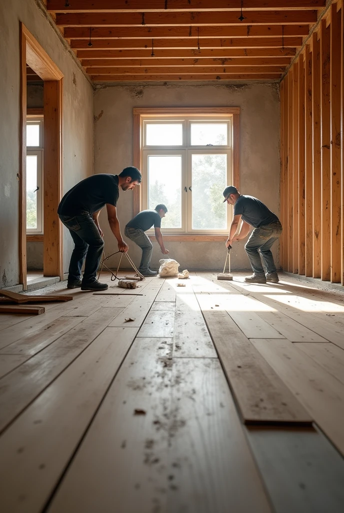 a house under renovation, floor being installed.
