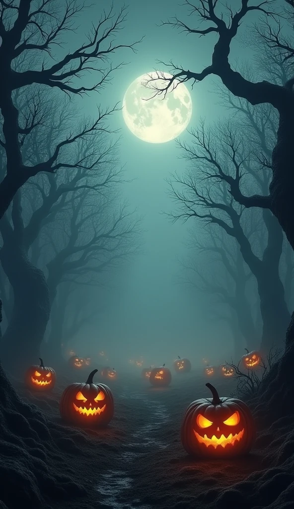 A Halloween-themed background with a dark forest, glowing jack-o'-lanterns scattered across the ground, dense fog rolling in, and a full moon casting a pale light over the scene, realistic and eerie