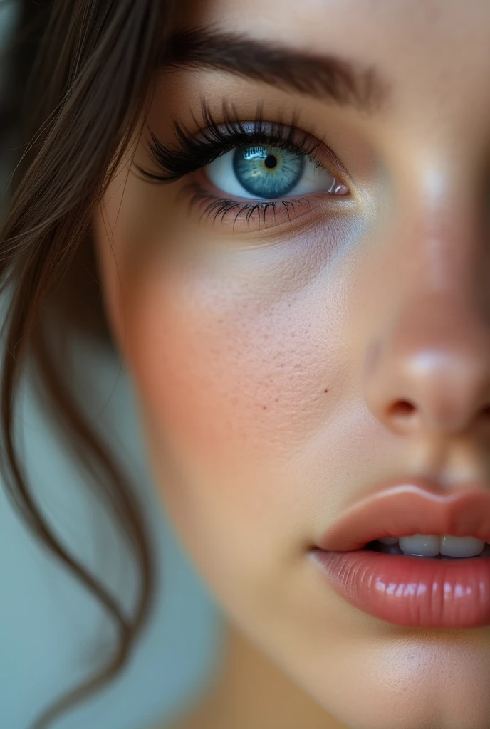 Woman with blue eyes and long eye lashes. Make her hotter by making her lips thick and a more attractive face. Make fuller and big lips