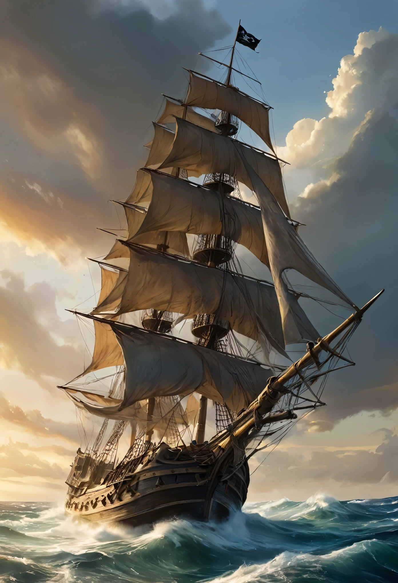 (Realistic:1.2), Grimy 24-year-old blonde pirate woman with weathered skin, sea-sprayed hair, and a salty gaze leaning against mast of. her storm-battered ship, a dagger by in her hand limp at her side, exhausted after another sea battle. The rough grey sea stretching out before her like an endless battlefield, waves crashing against the vessel's hull as dark, foreboding clouds gather on the horizon, an airship looming in the distance, its billowing sails tattered, the pirate's tunic a deep, rich blue with sea-worn whites and tawny leather accents, contrasting warm golden light on weathered wood and cold blue shadows, 8k hyper-real fantasy matte painting in the style of Simon Stalenhag, ZBrush textures and Unreal Engine 5, detailing reminiscent of Iain McCaig's concept art, loose brushstrokes echoing the rugged seascape my soulmate.