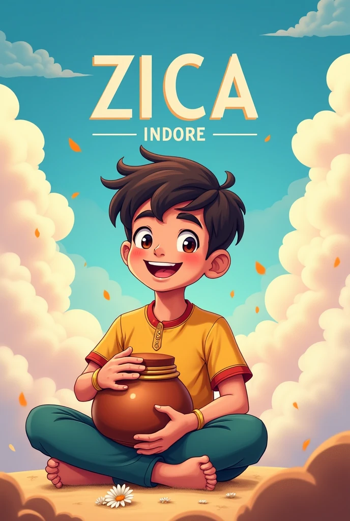 A adult boy haply holding a Makhan pot in his hand and sitting in the cloude anime style background text is ZICA INDORE big font