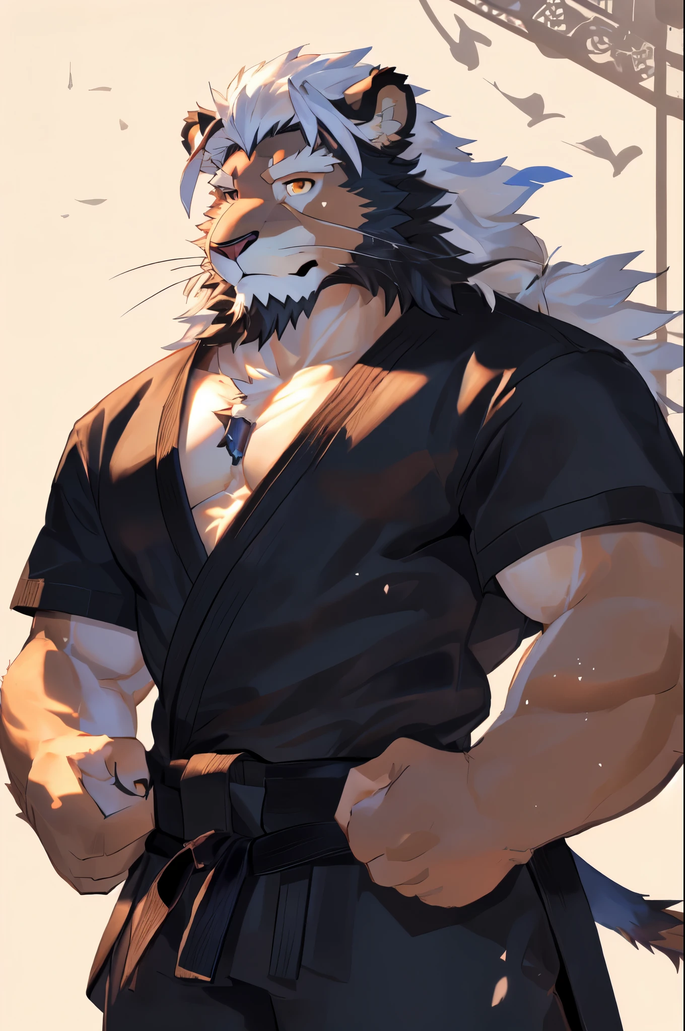 (lion:1.3),(Black Night Clothes:1.5),(Knife pulling posture),(The background is the eaves of the night:1.6),(Abdominal muscles),Heroic飒爽,完美的masterpiece,Various facial details,Close up,specific description,masterpiece,(cg),(Golden Eyes),White pattern,White Tail,Military commander,Heroic,lion,Red fur，Detailed facial details,Half Body,(Long feather),((middle aged)),(Face Focus),(16K),(HD),White belly，temple，beard,(Face lines),(Heterochromia,),(White hair:1.3),(Strong:1.2),(muscle:1.3),(high resolution:1.3),(Close up),(Detailed face:1.5)，Perfect details,(Half Body),(Detailed depiction of the face:1.5),(Zoom in on the face:1.5),(白色Face lines:1.2),(白色beard:1.6),(White face:1.6),(White body),(White skin:1.3),(White cheeks:1.5),(The skin color of the face is white:1.3),cg,(The smell of quacks:1.3),(Martial Arts:1.5),(Knight:1.5),(Detailed background:1.5),(White mane:1.3),Starry sky in the dark night,(Front view:1.2),(Red skin)