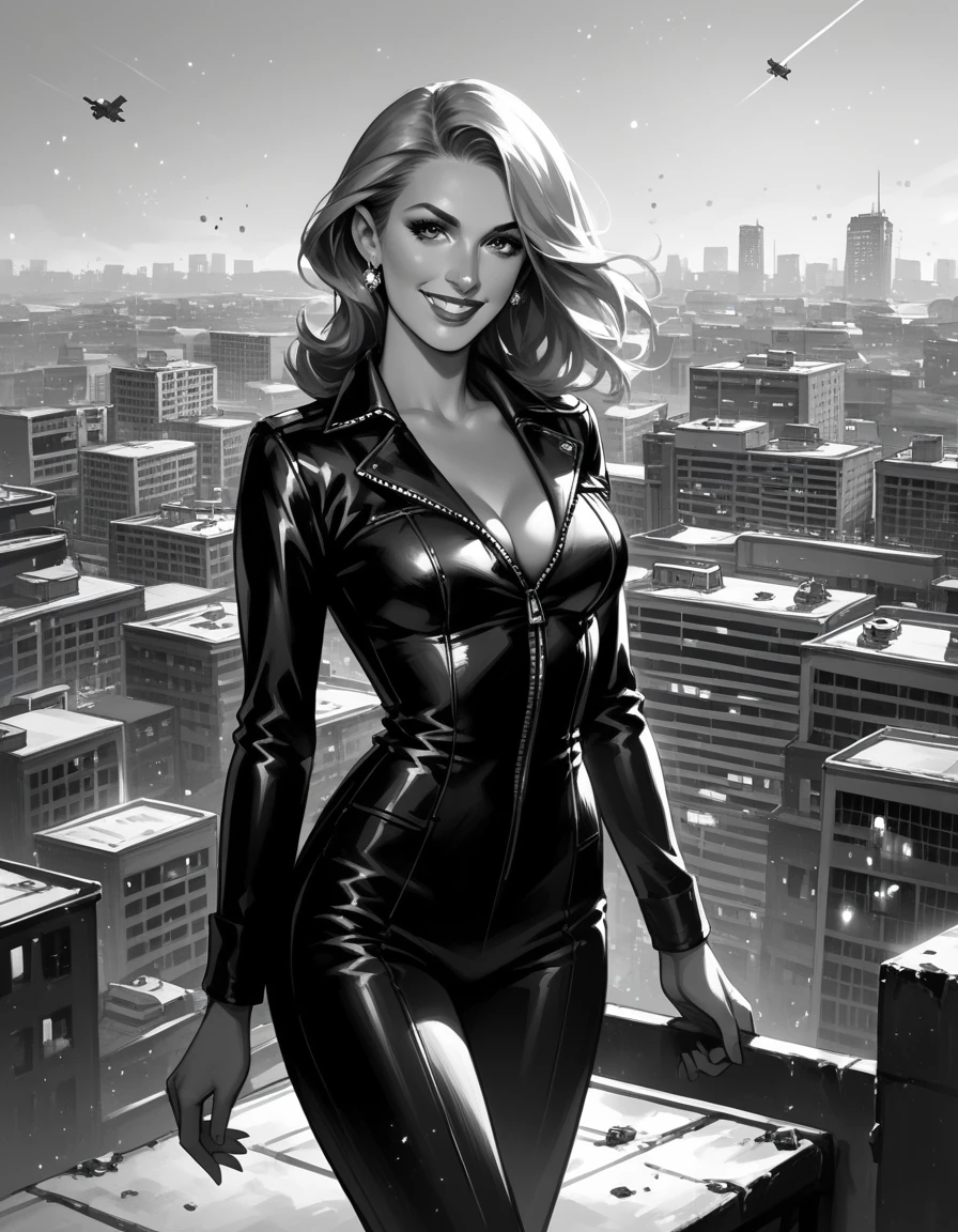 score_9, score_8_up, score_7_up, source_comic, 1girl, Carrie Kelley/Robin, innocent smile, standing on city rooftop, on patrol, posing, medium breasts, darkness, gloom, explosive bright particles in the form of sparks of light, black theme.