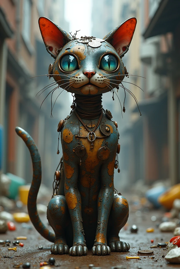 A cat made of garbage