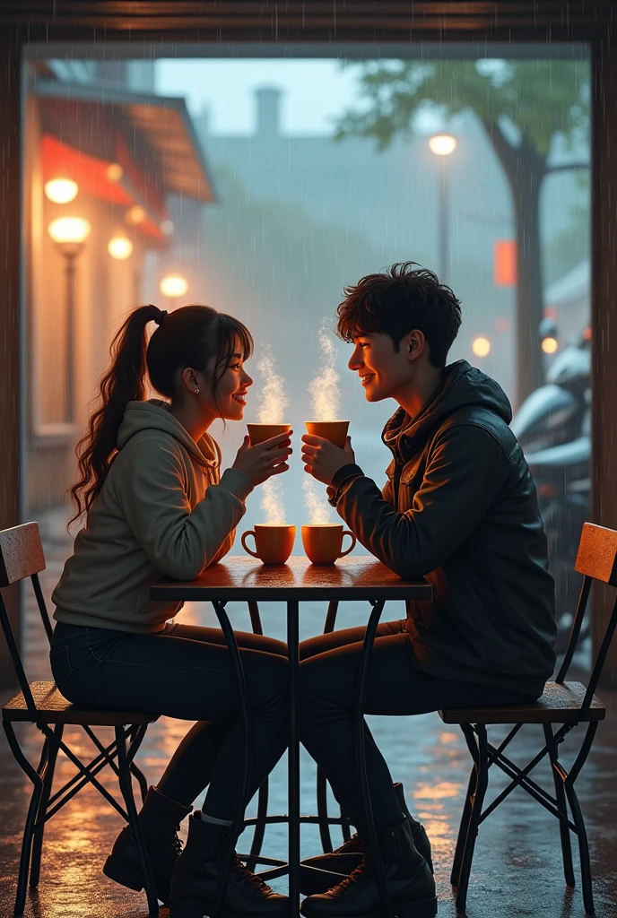 create an image of a couple, man and woman, young, smiling, both dressed for riding in the rain on a motorcycle, in a closed parking lot exclusively for motorcycles having a hot cup of coffee.