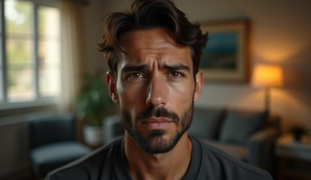 Portrait of a 35-year-old adult man with a youthful appearance, with himself as the main subject. He should have short, slightly wavy dark brown hair and a sparse beard evenly distributed across his face, as well as a serious, worried expression, looking directly at the camera. He is in an indoor environment, suggesting a living room in a house, with warm natural external lighting coming from the side, creating a soft effect that creates diffuse shadows that highlight the texture of the skin and the brightness of the eyes, as well as emphasizing the angular features of the face. The background should be wide and blurred, giving a tone of depth, focusing on the main subject, and should suggest Items such as a sofa, armchair, paintings on the wall, a potted plant, a lamp lit in a bokeh effect and whatever else makes up a living room in a house should be present, but blurred so as not to distract the man's attention. The image should convey an introspective feeling, with a touch of mystery and contemplation. The photograph should capture extreme detail, with high-quality rendering in 8k, maintaining the serene and enigmatic atmosphere. High quality photography, 8k rendering, extreme detail, realistic portrait, introspective atmosphere, soft and diffused lighting, natural light.