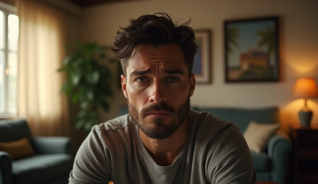 Portrait of a 35-year-old adult man with a youthful appearance, with himself as the main subject. He should have short, slightly wavy dark brown hair and a sparse beard evenly distributed across his face, as well as a serious, worried expression, looking directly at the camera. He is in an indoor environment, suggesting a living room in a house, with warm natural external lighting coming from the side, creating a soft effect that creates diffuse shadows that highlight the texture of the skin and the brightness of the eyes, as well as emphasizing the angular features of the face. The background should be wide and blurred, giving a tone of depth, focusing on the main subject, and should suggest Items such as a sofa, armchair, paintings on the wall, a potted plant, a lamp lit in a bokeh effect and whatever else makes up a living room in a house should be present, but blurred so as not to distract the man's attention. The image should convey an introspective feeling, with a touch of mystery and contemplation. The photograph should capture extreme detail, with high-quality rendering in 8k, maintaining the serene and enigmatic atmosphere. High quality photography, 8k rendering, extreme detail, realistic portrait, introspective atmosphere, soft and diffused lighting, natural light.