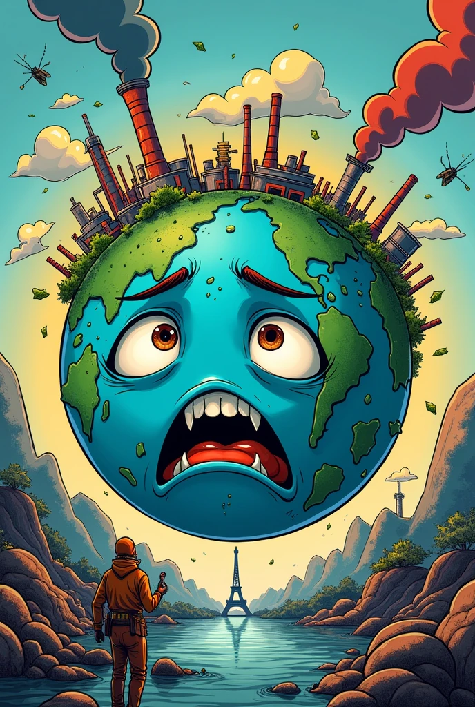 Earth planet in comic form with a sad face and pollution on top and on the other side people helping to prevent
