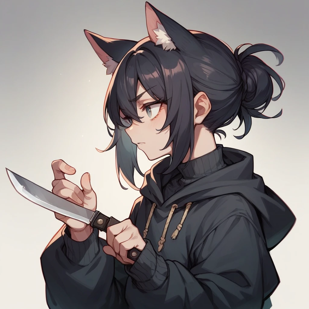 A girl with medium-length dark hair and cat ears, wearing black clothing and holding a knife in her hand. 