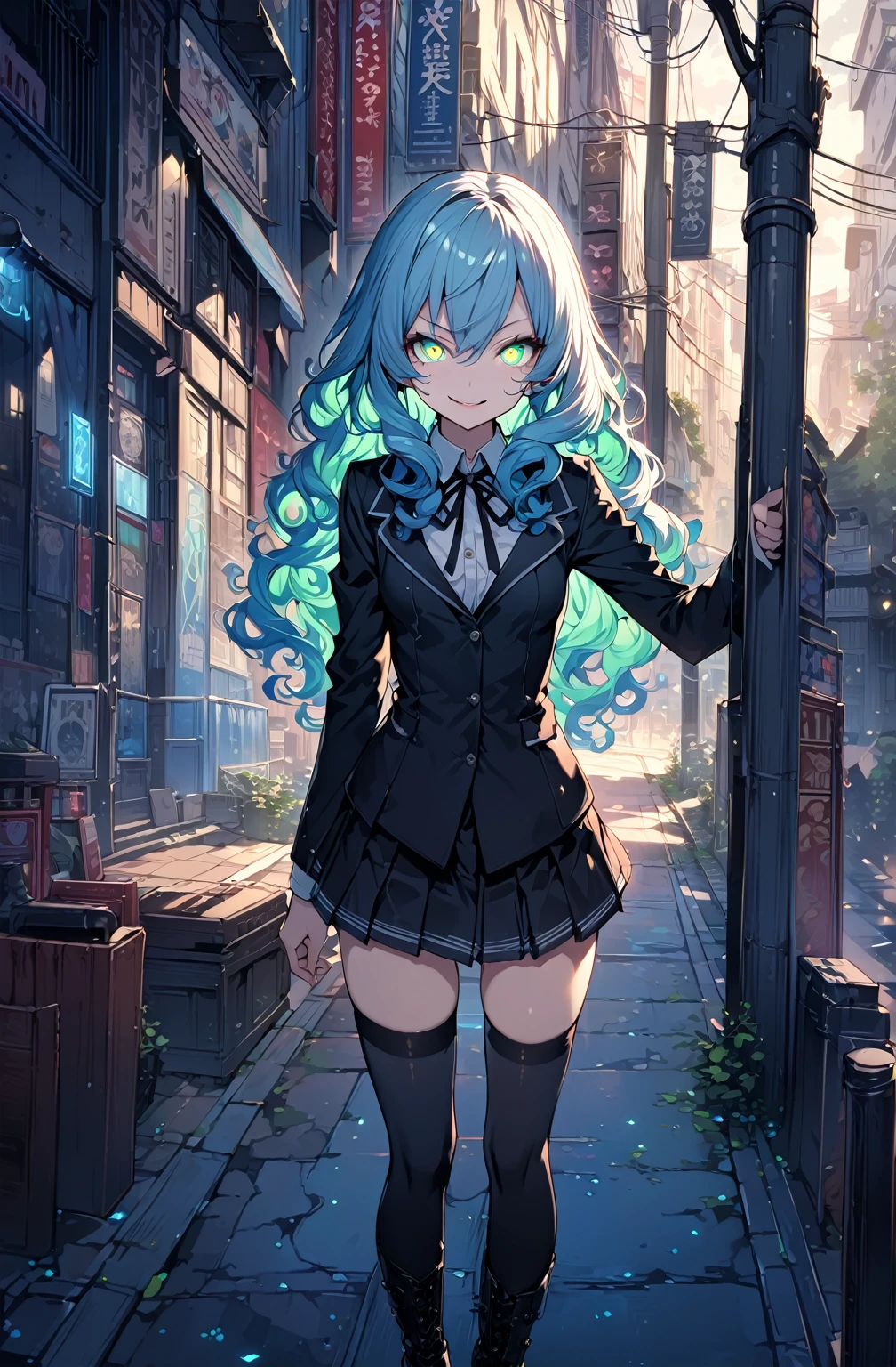city background,original,(illustration:1.1),(best quality),(masterpiece:1.1),(extremely detailed CG unity 8k wallpaper:1.1), (colorful:0.9),(mid shot:0.95),(highly detailed beautiful face and body),(solo:1.2), (girl),(((adult))), (detailed beautiful eyes:1.15), (beautiful face:1.15), (glowing green eyes:1.25////),((jewel-like eyes)),(petite),(cute girl),(((blue medium hair))),(wavy hair),((wavy hair)),(+perfect hand+:1.21),(gothic school uniform),(Religious),(slender),(black clothes),(gothic ribbon),ribbon tie,small breasts,miniskirt,gothic boots,black thighhighs,slim body,(evil smile),detailed background,city street,eluding,((adult)),