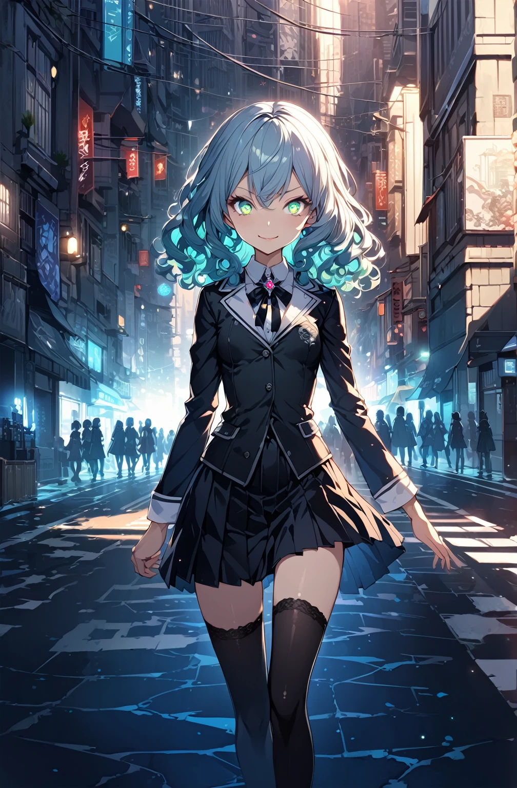 city background,original,(illustration:1.1),(best quality),(masterpiece:1.1),(extremely detailed CG unity 8k wallpaper:1.1), (colorful:0.9),(mid shot:0.95),(highly detailed beautiful face and body),(solo:1.2), (girl),(((adult))), (detailed beautiful eyes:1.15), (beautiful face:1.15), (glowing green eyes:1.25////),((jewel-like eyes)),(petite),(cute girl),(((blue medium hair))),(wavy hair),((wavy hair)),(+perfect hand+:1.21),(gothic school uniform),(Religious),(slender),(black clothes),(gothic ribbon),ribbon tie,small breasts,miniskirt,gothic boots,black thighhighs,slim body,(evil smile),detailed background,city street,eluding,((adult)),