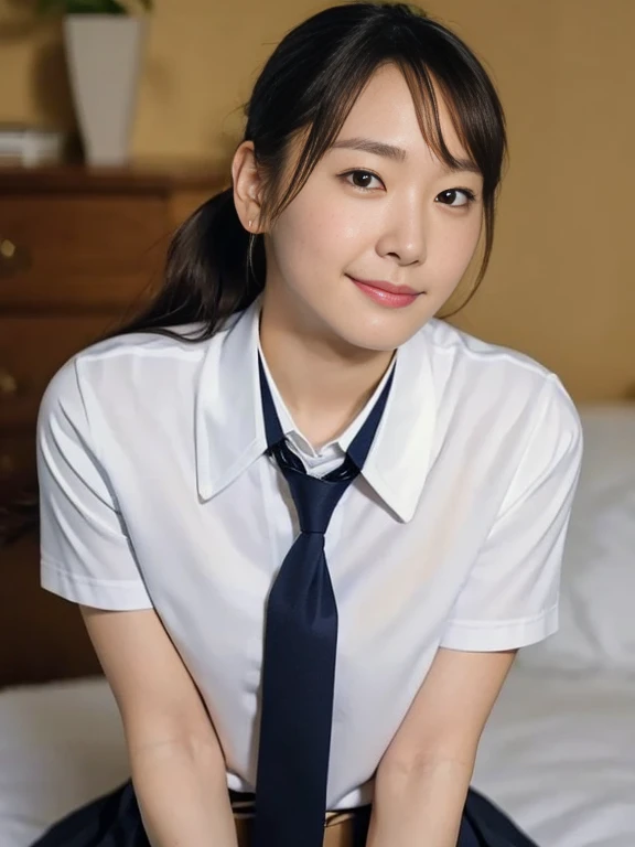 (Masterpiece, Best quality:1.3), (Ultra realistic, Photo-realistic:1.2), kneeling, Natural light, 28 years old actress, Japanese beautiful 2 women, Neat and clean, (School uniform:1.2), (White shirts:1.1), (Short sleeve:1.1), (Dark navy pleated skirt:1.1), (Dark navy tie), (unbutton shirts:1.3), White sock, (Ponytail:1.2), (Beautiful faces), Oval face, clear, Beautiful eyes, Kind eyes, Clear skin, Small face, Beautiful mouth, Small mouth, Natural makeup, Approachable, Seductive smile, (Seductive pose:1.2), Beautiful thighs, Bedroom eyes, Embarrassed, Blush, Luxury hotel Suite room, On bed, (nsfw:1.2), (lesbian couple, petting together:1.1), 