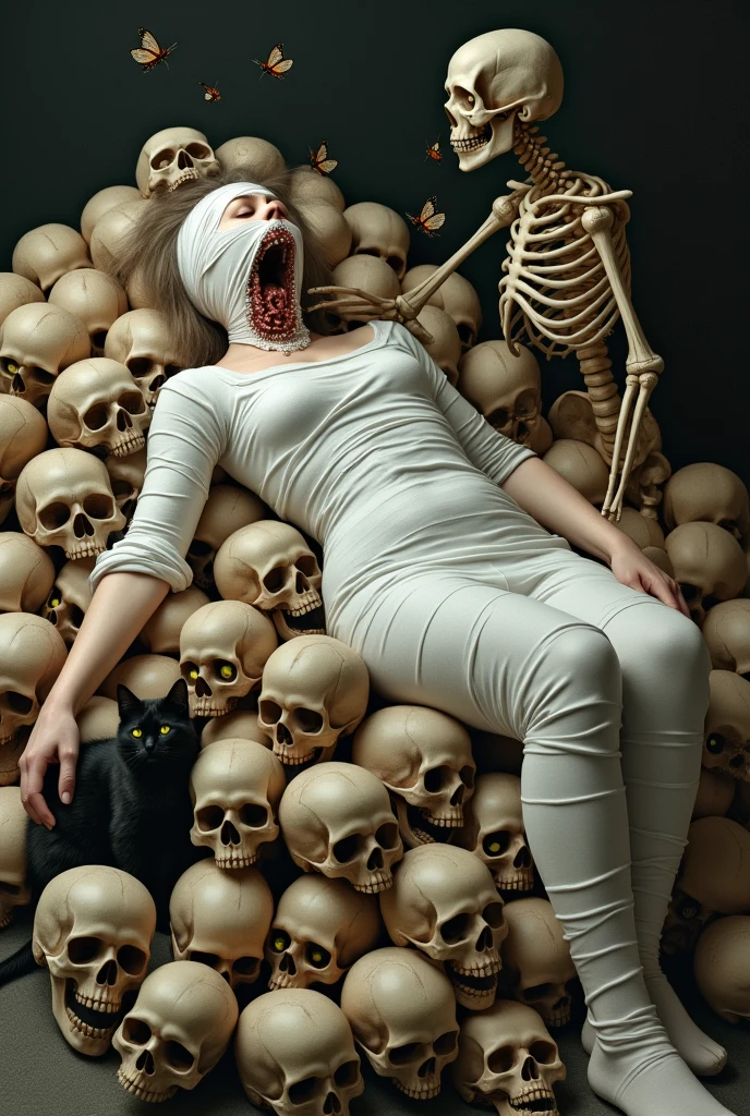 "(The best lighting, alto contraste, oscuro, dramatic),(Chica rubia junto a una cabra negra gigante, Open the rib cage, feto, autopsia, huesos humanos, sangre por las paredes). Luz Caravaggio"