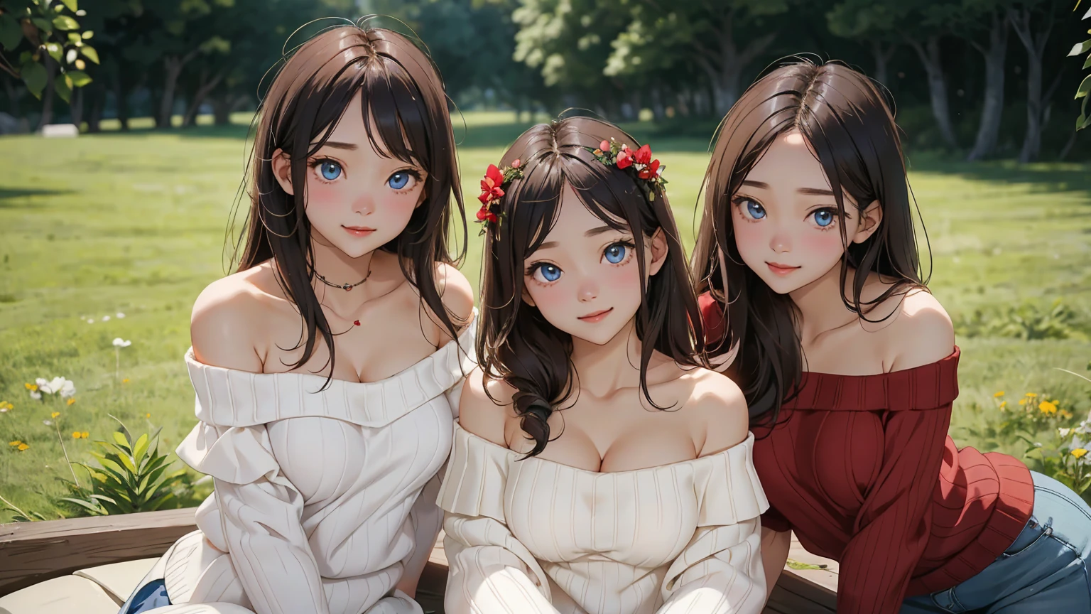 (3 girls), young faceอินโดนีเซีย, 12 years,smile, white skin, Round breast, blue eyes,((Wear a red off-the-shoulder sweater that shows off your cleavage...))Masterpiece, Highest quality, 8ก, beautiful girl, young face、 photography, Cute face, thigh,In the meadow, Embarrassing、รอยsmile、((((((อายุ 12 years))))))、small waist、 ((big breasts))