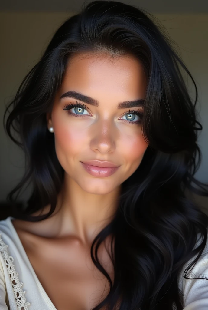 oeuvre d&#39;art, best quality),visage parfait, trés tetas grandes, ((tetas grandes)), nice face, blue eyes, wavy black hair ,selfie d&#39;a beautiful young woman, prise avec l&#39;appareil photo de l&#39;iPhone